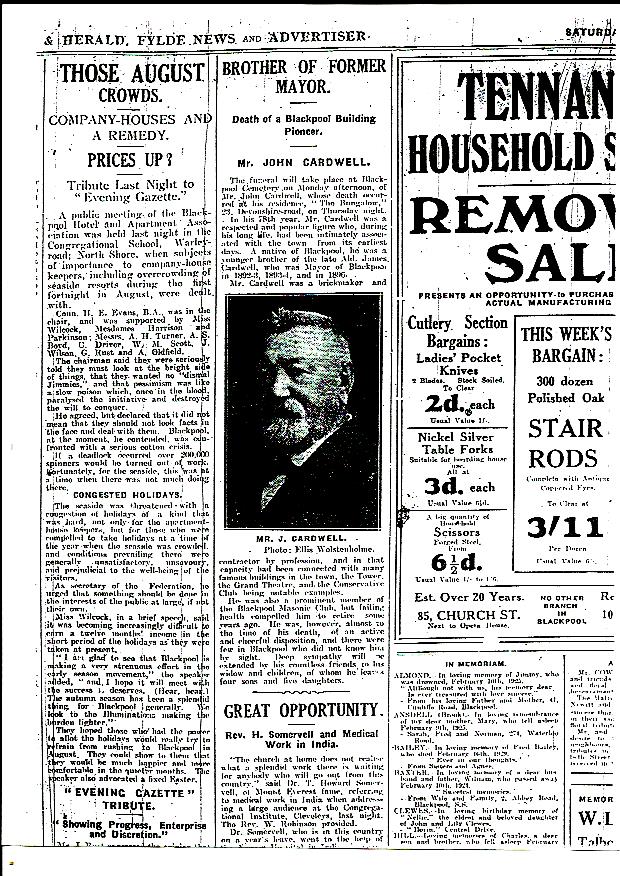 newspaper announcement of the death of john cardwell