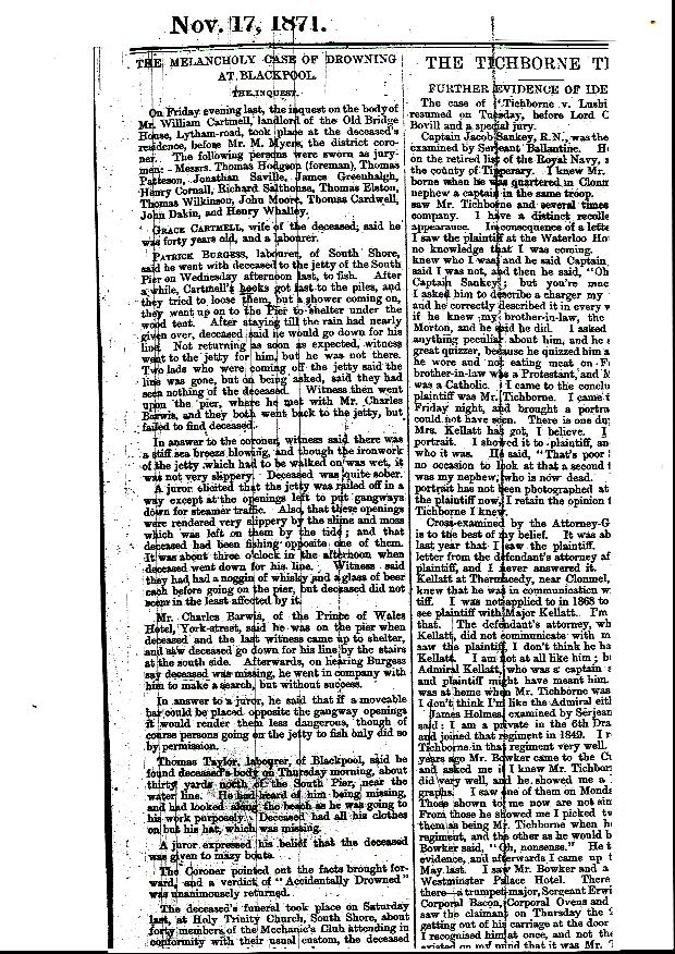 newspaper article on the inquest of william cartmell 1871